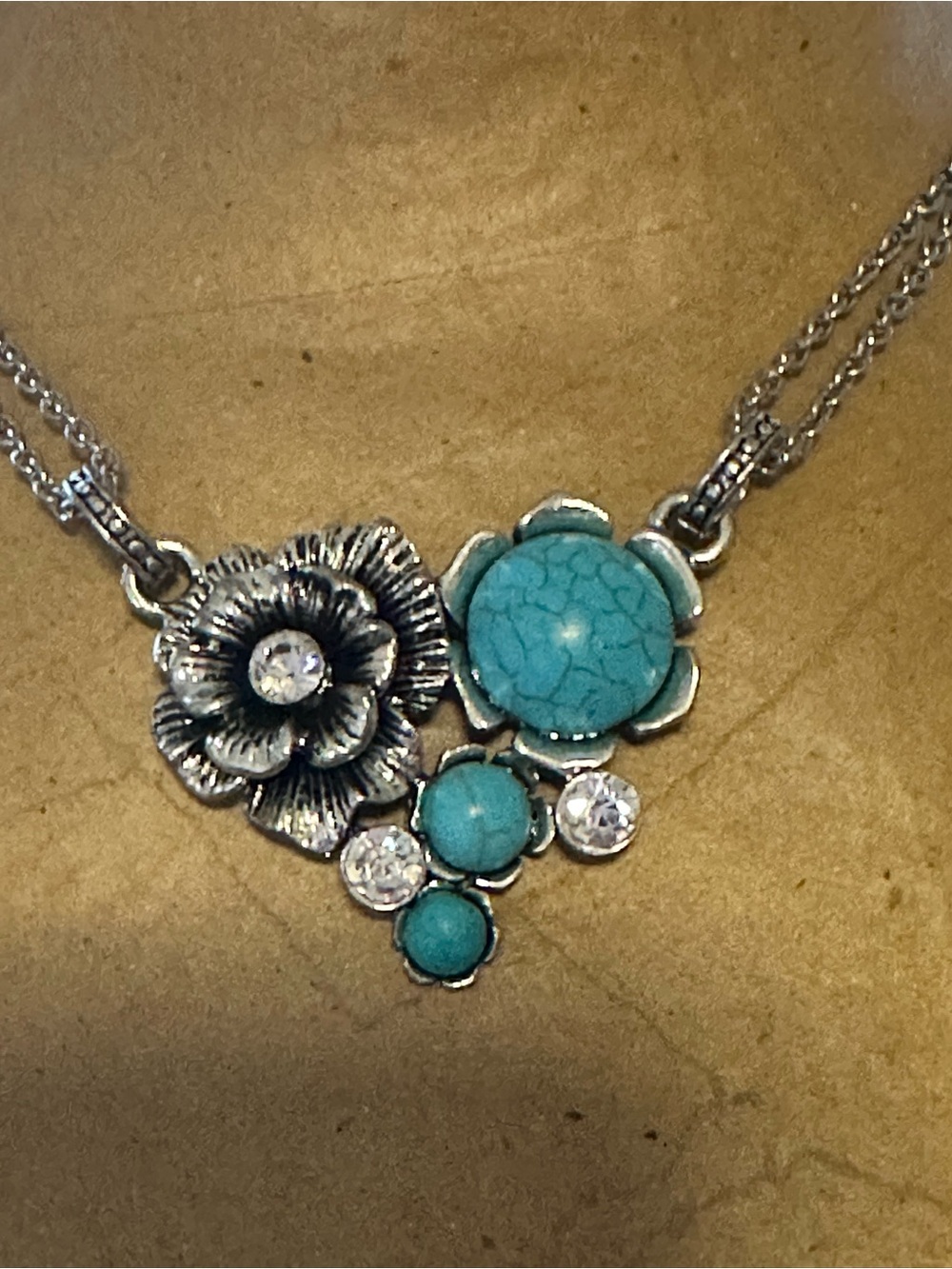 Source Unknown Silver Floral Necklace with Turquoise and Clear Accents